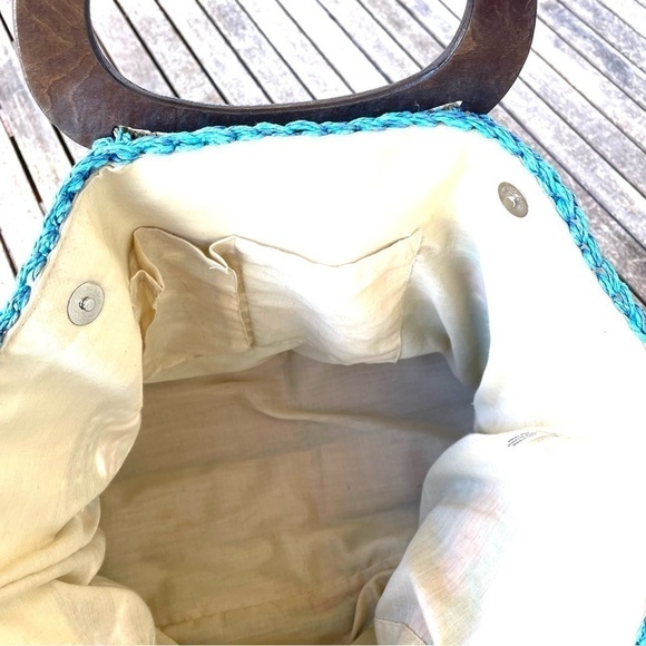 Chico's Straw Woven Multicolor Beach Tote Purse Lined Wood Handles - Picture 6 of 11